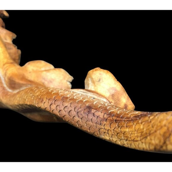 Hand-Carved Wooden Snake Sculpture On Seed Pod Root Base 15" Length - Picture 15 of 16